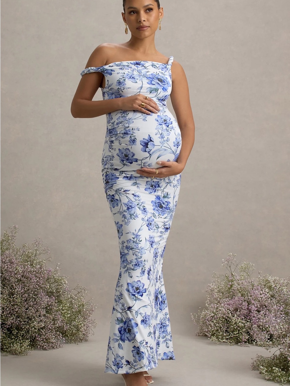 Club L London White Maxi Dress with Blue Floral Print